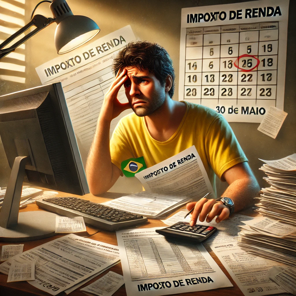 Adulto brasileiro sobrecarregado e confuso diante do computador, tentando entender como declarar o imposto de renda no Brasil