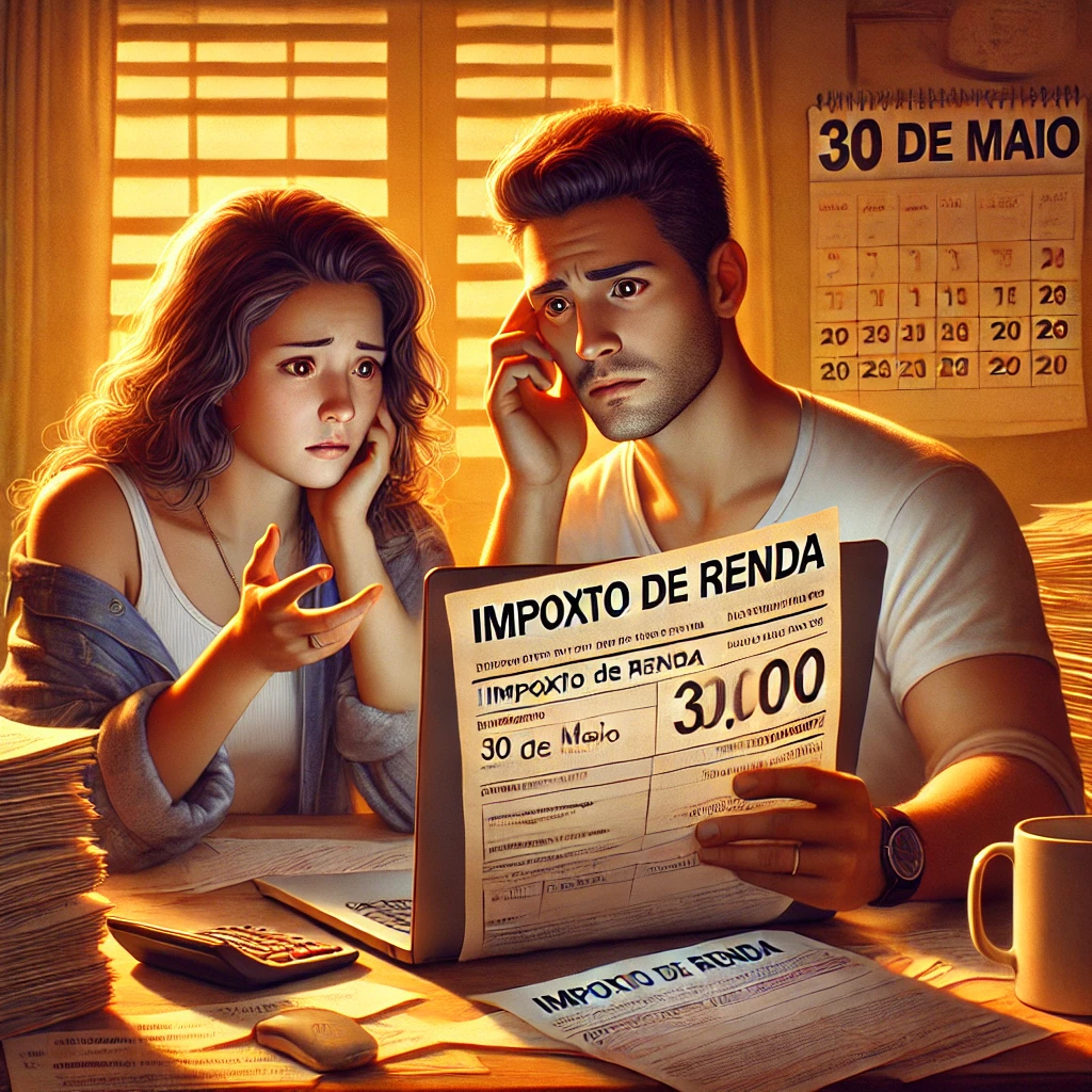 Casal brasileiro diante de laptop e documentos de imposto de renda, discutindo se devem fazer declaração conjunta ou separada, com expressão de preocupação e apoio mútuo