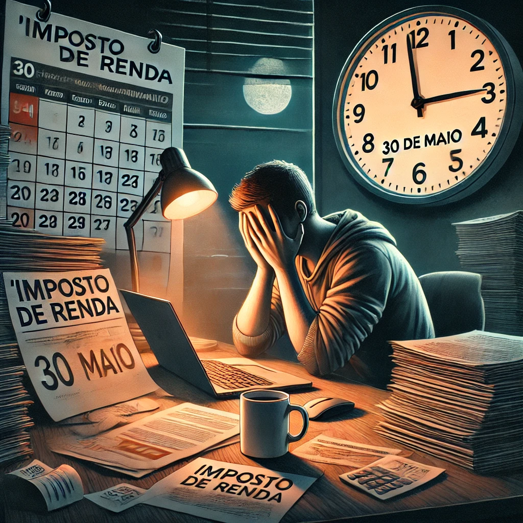 Pessoa ansiosa à noite tentando terminar a declaração do imposto de renda no Brasil, com medo da malha fina e o prazo se aproximando