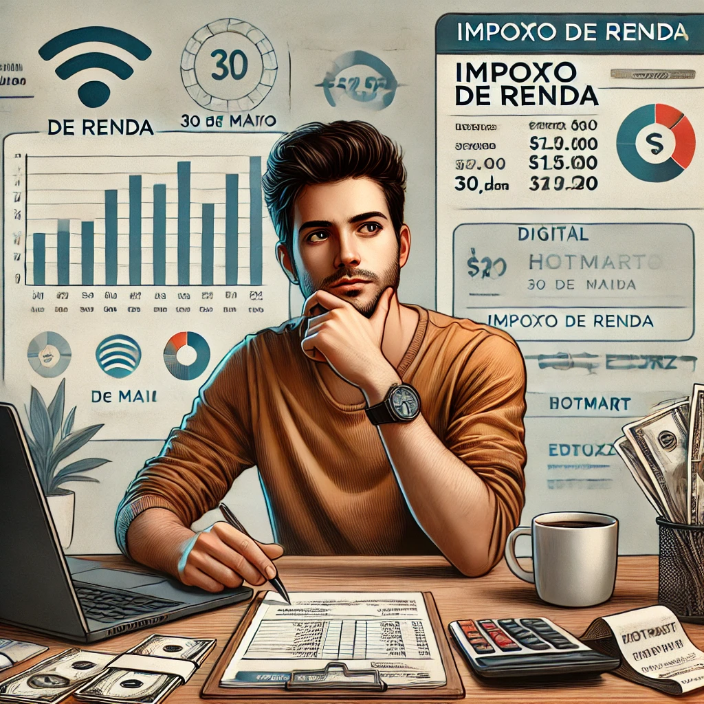 Infoprodutor brasileiro organizando dados de vendas digitais para declaração de imposto de renda, com calendário de 30 de maio ao fundo