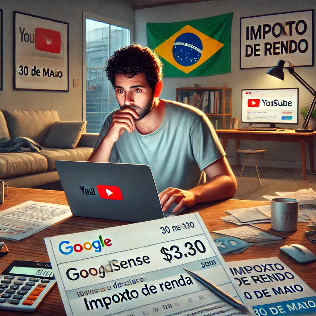 Criador de conteúdo brasileiro verificando ganhos do Google AdSense no notebook, organizando documentos para declarar imposto de renda antes do prazo final