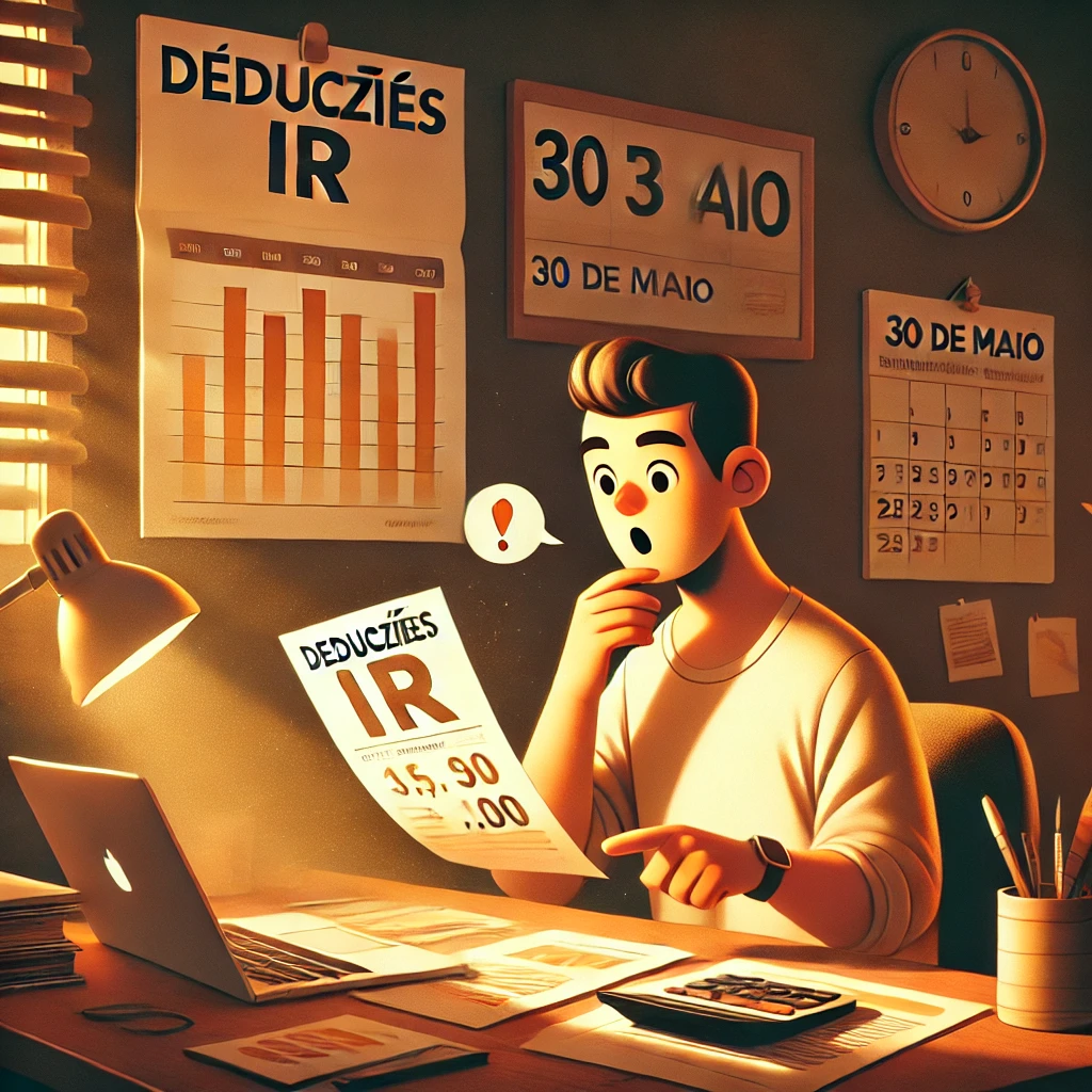 Pessoa brasileira surpresa ao descobrir deduções possíveis no imposto de renda, com documentos e gráficos de economia em uma mesa de trabalho