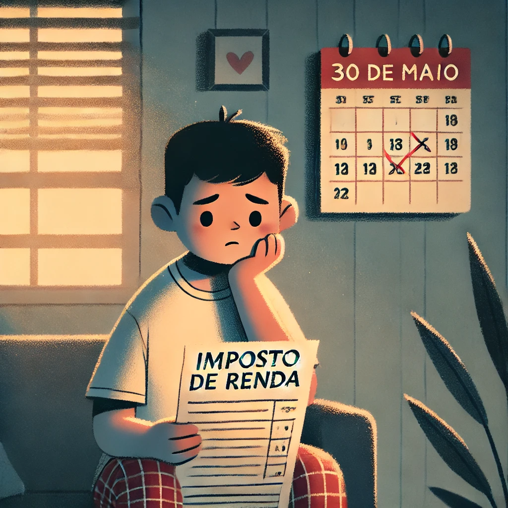 Pessoa brasileira olhando com tristeza e confusão para documentos do imposto de renda, com luz suave e clima de vulnerabilidade emocional